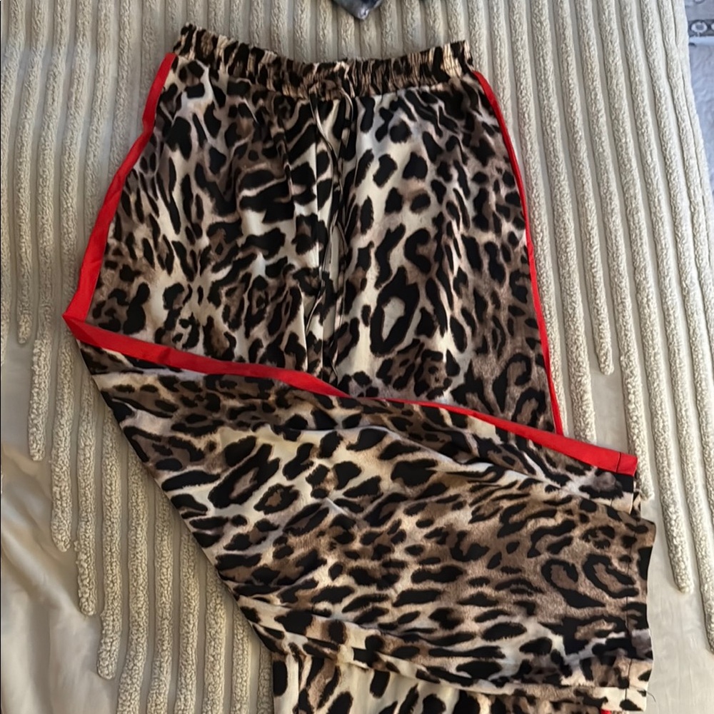 SHEIN Leopard Print Pants with Red Trim